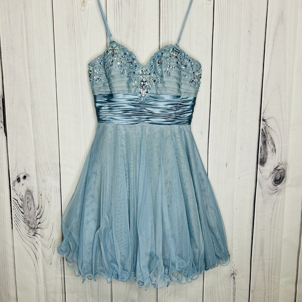 Adrianna Papell Beaded Blue Cocktail Party Prom Strapless Bubble Dress Sz 10